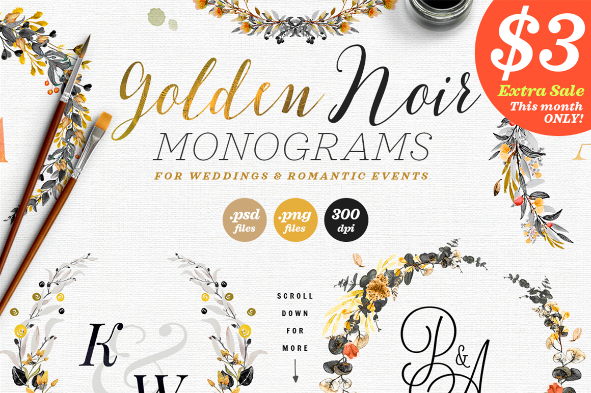 6 Golden Noir Wedding Monograms IX for Real Projects