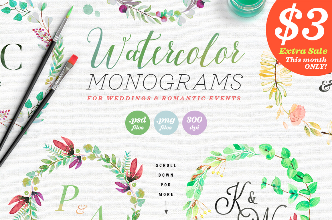 8 Watercolor Wedding Monograms II for Crafts Projects