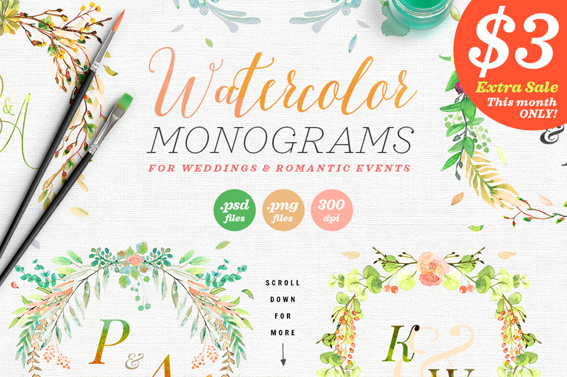 Watercolor Wedding Monograms for Crafts and Commercial Use