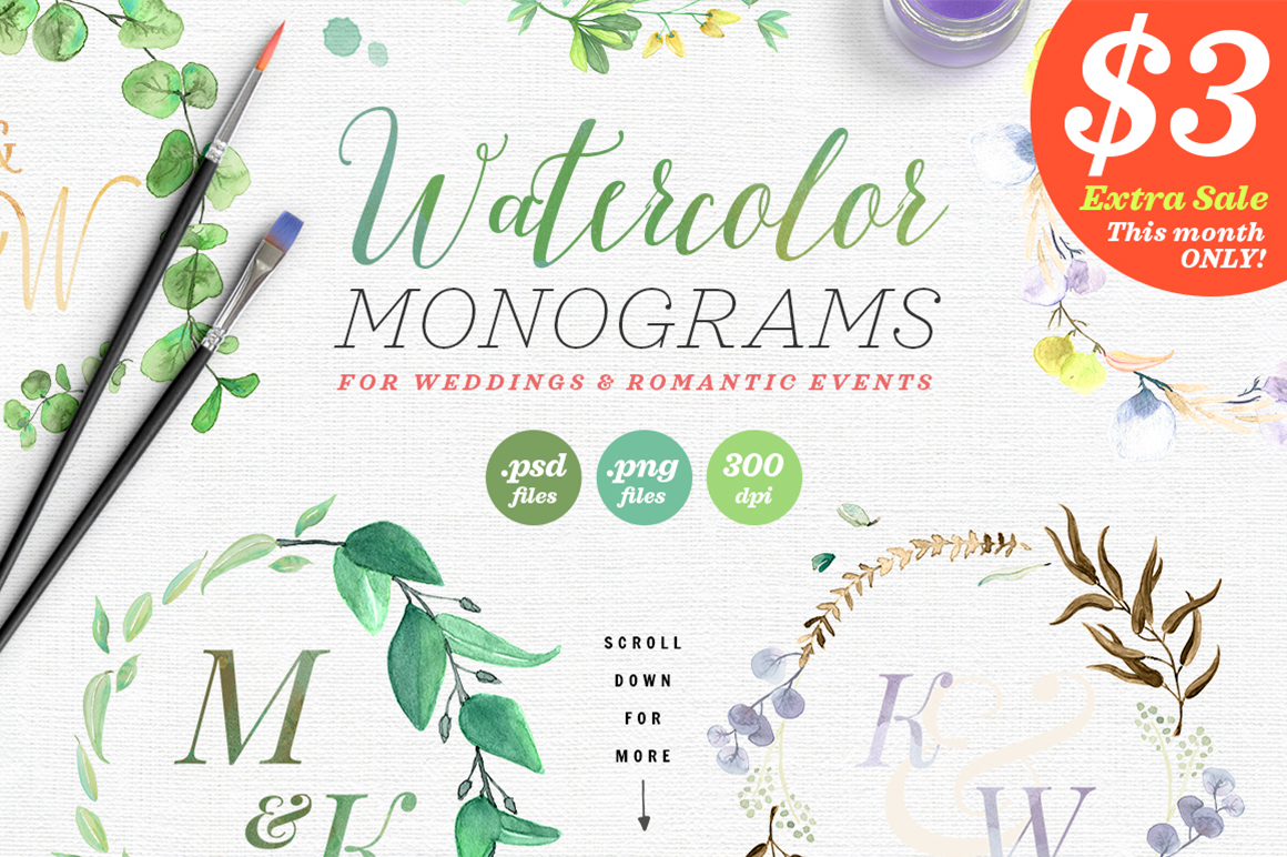 Watercolor Wedding Monograms for Crafts & Commercial Design